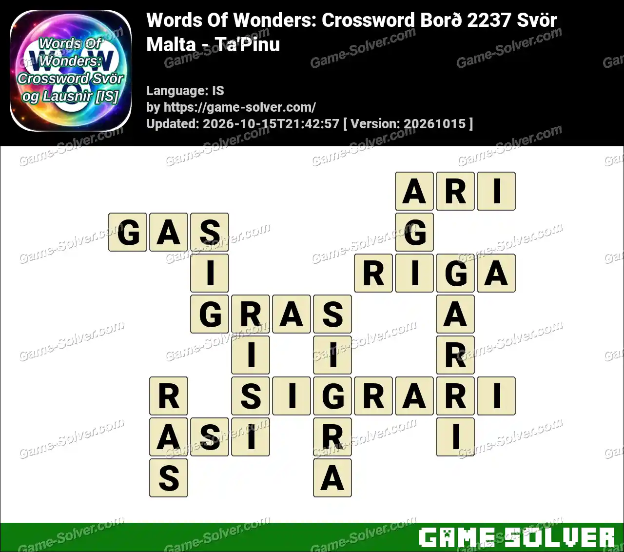 Words Of Wonders: Crossword Borð 2237 Svör – Malta – Ta’Pinu